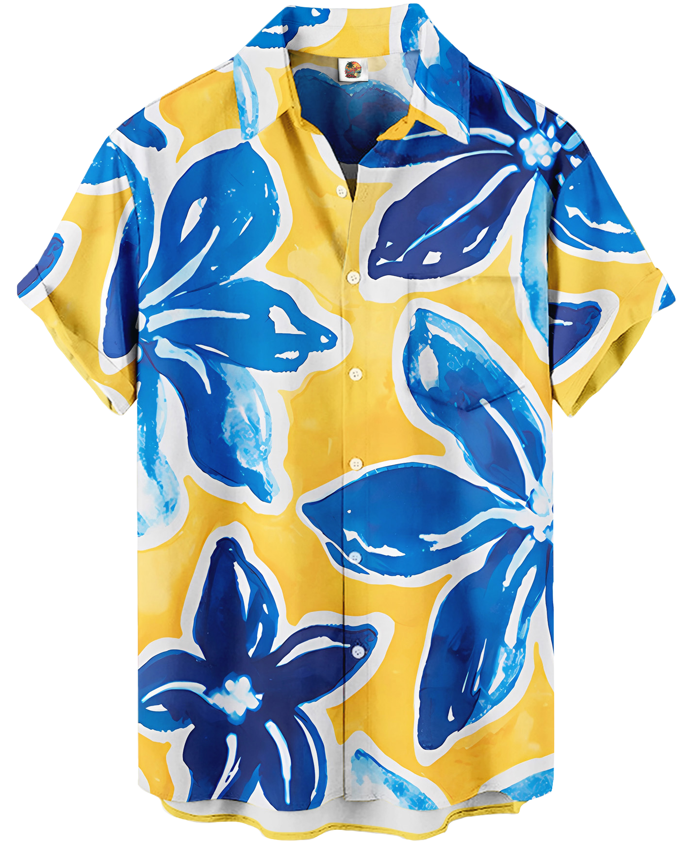 Men's Hawaiian Floral Print Shirt, Short Sleeve Button Down, Blue and Yellow Pattern