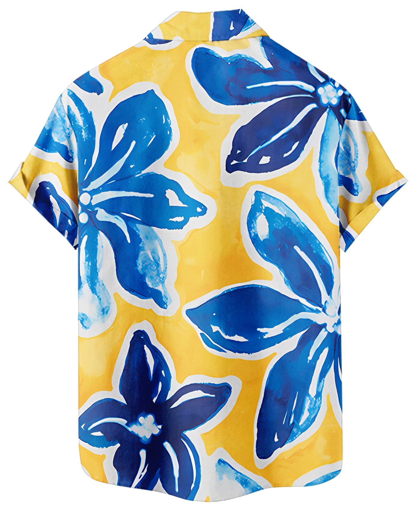 Men's Hawaiian Floral Print Shirt, Short Sleeve Button Down, Blue and Yellow Pattern