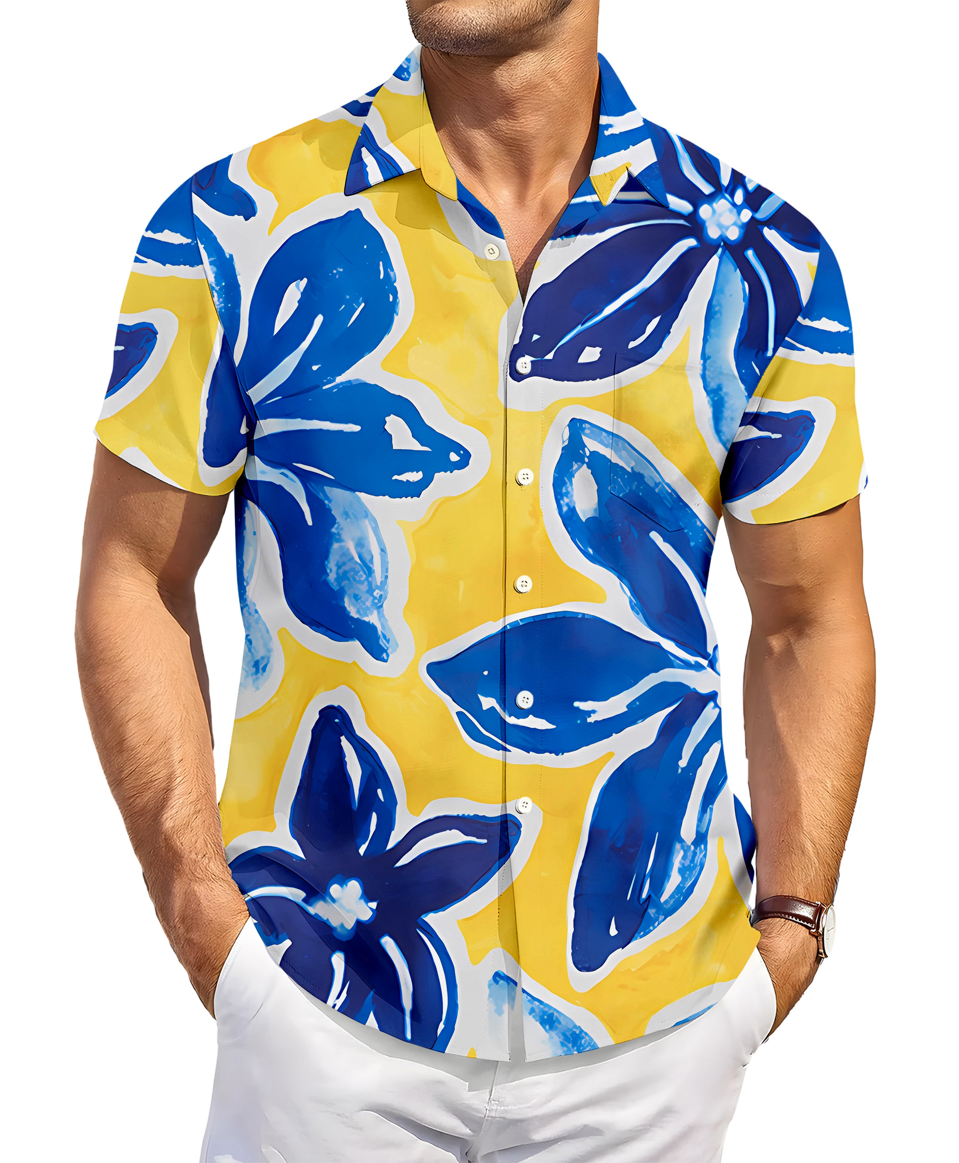 Men's Hawaiian Floral Print Shirt, Short Sleeve Button Down, Blue and Yellow Pattern