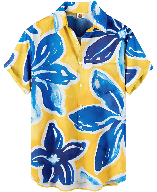 Men's Hawaiian Floral Print Shirt, Short Sleeve Button Down, Blue and Yellow Pattern