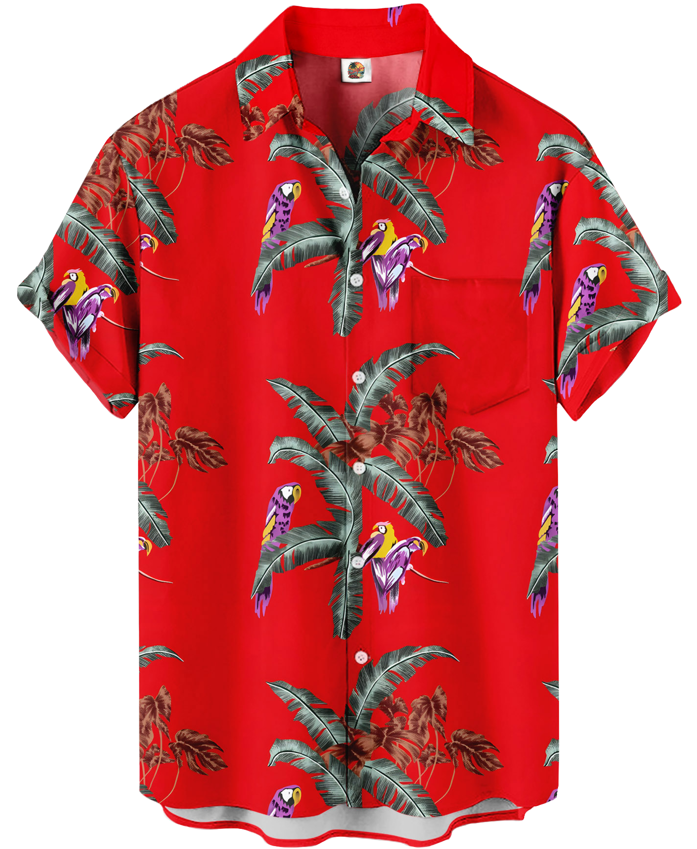 Men's Hawaiian Shirt, Short Sleeve Button Down, Tropical Parrot Print, Red