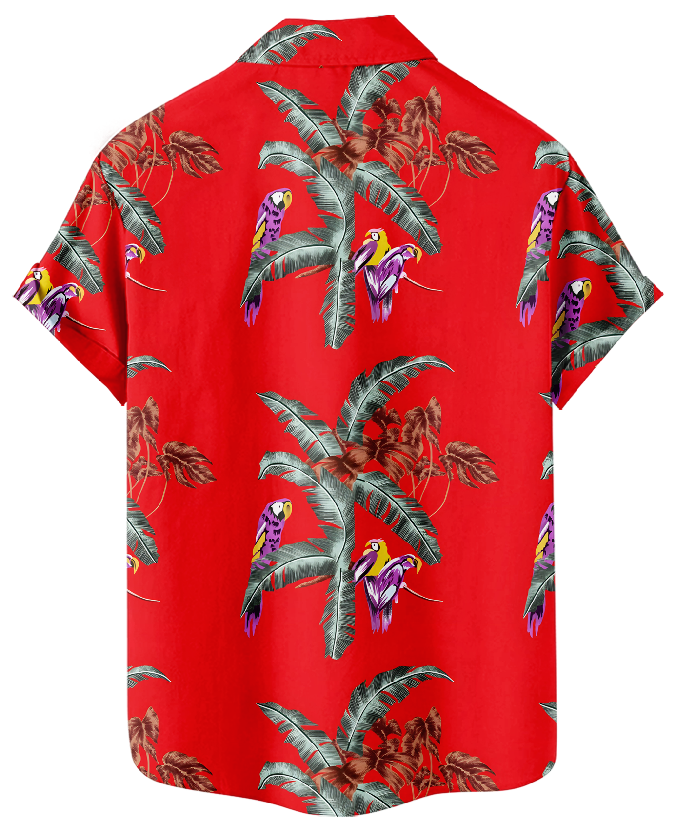 Men's Hawaiian Shirt, Short Sleeve Button Down, Tropical Parrot Print, Red