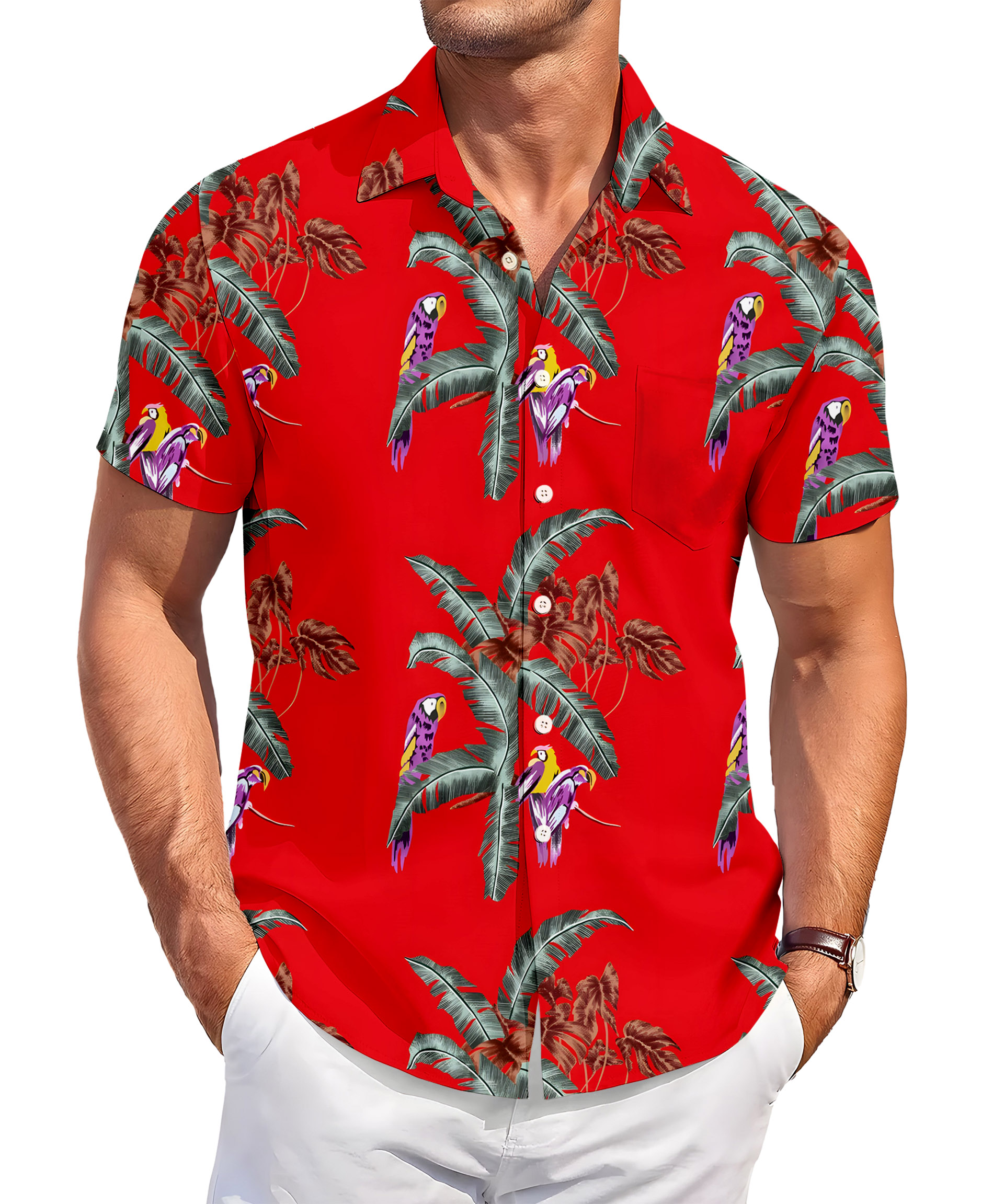 Men's Hawaiian Shirt, Short Sleeve Button Down, Tropical Parrot Print, Red