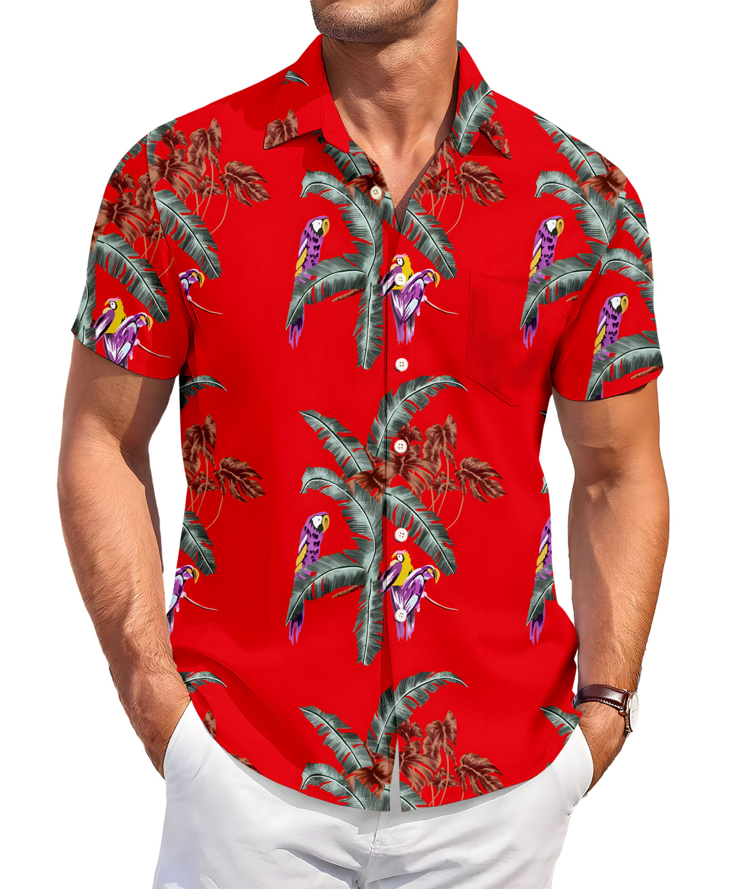Men's Hawaiian Shirt, Short Sleeve Button Down, Tropical Parrot Print, Red