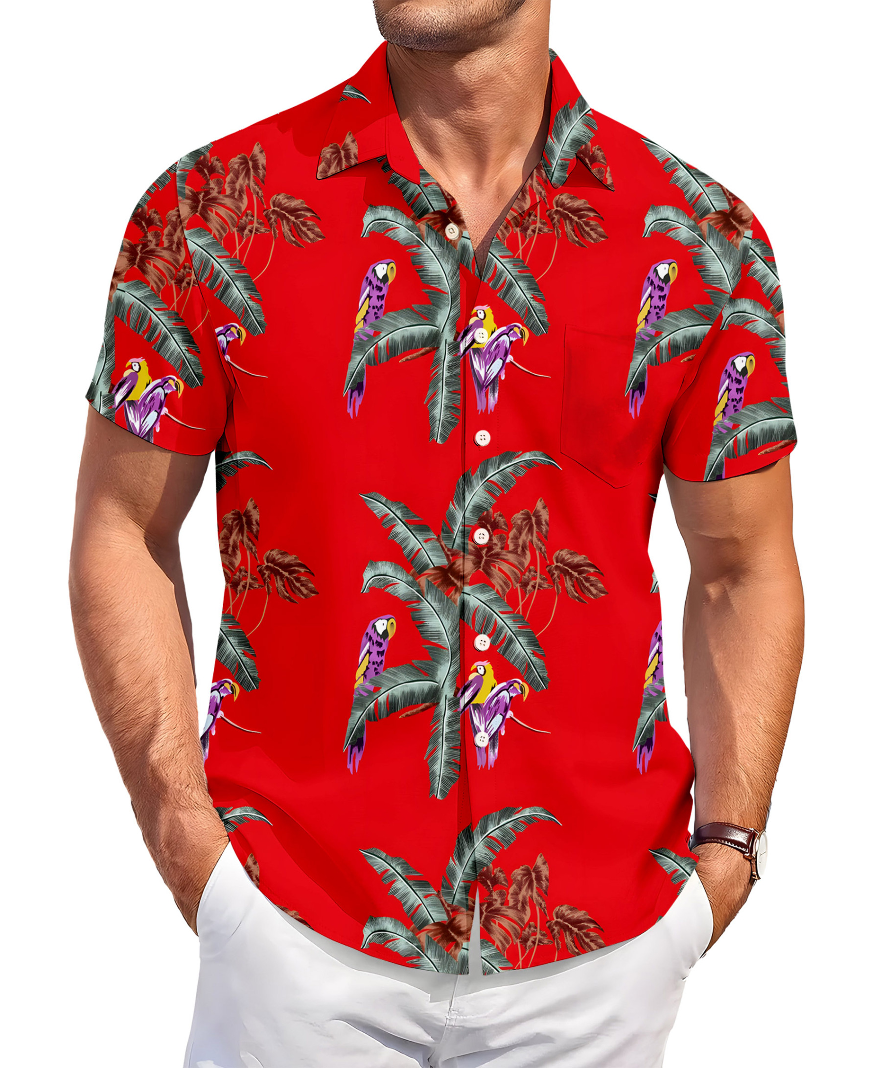 Men's Hawaiian Shirt, Short Sleeve Button Down, Tropical Parrot Print, Red