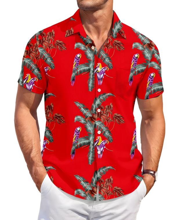 Men's Hawaiian Shirt, Short Sleeve Button Down, Tropical Parrot Print, Red