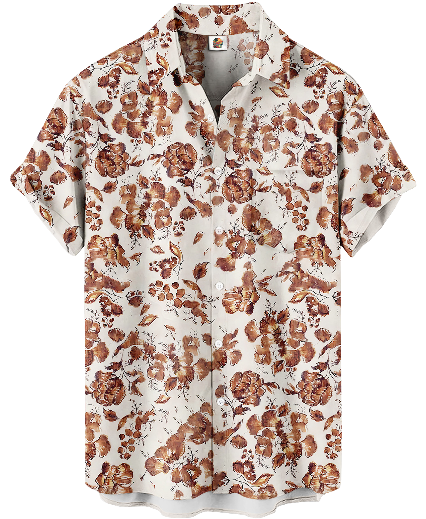 Men's Floral Print Short Sleeve Button Down Shirt, White and Coral Pink, Casual Hawaiian Style