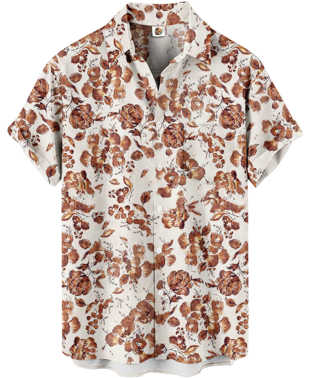 Men's Floral Print Short Sleeve Button Down Shirt, White and Coral Pink, Casual Hawaiian Style