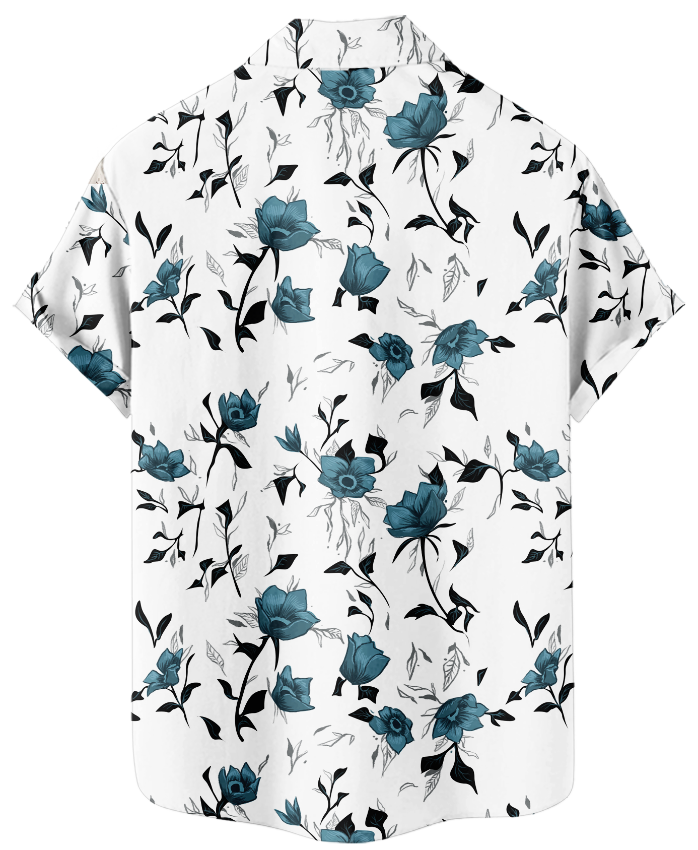 Men's Floral Hawaiian Shirt, Short Sleeve Button Down, White with Teal Roses Print
