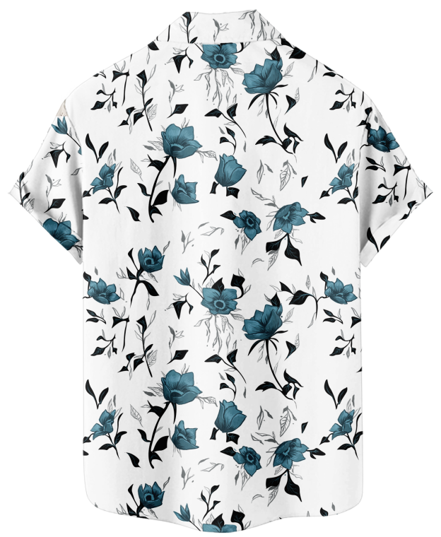 Men's Floral Hawaiian Shirt, Short Sleeve Button Down, White with Teal Roses Print