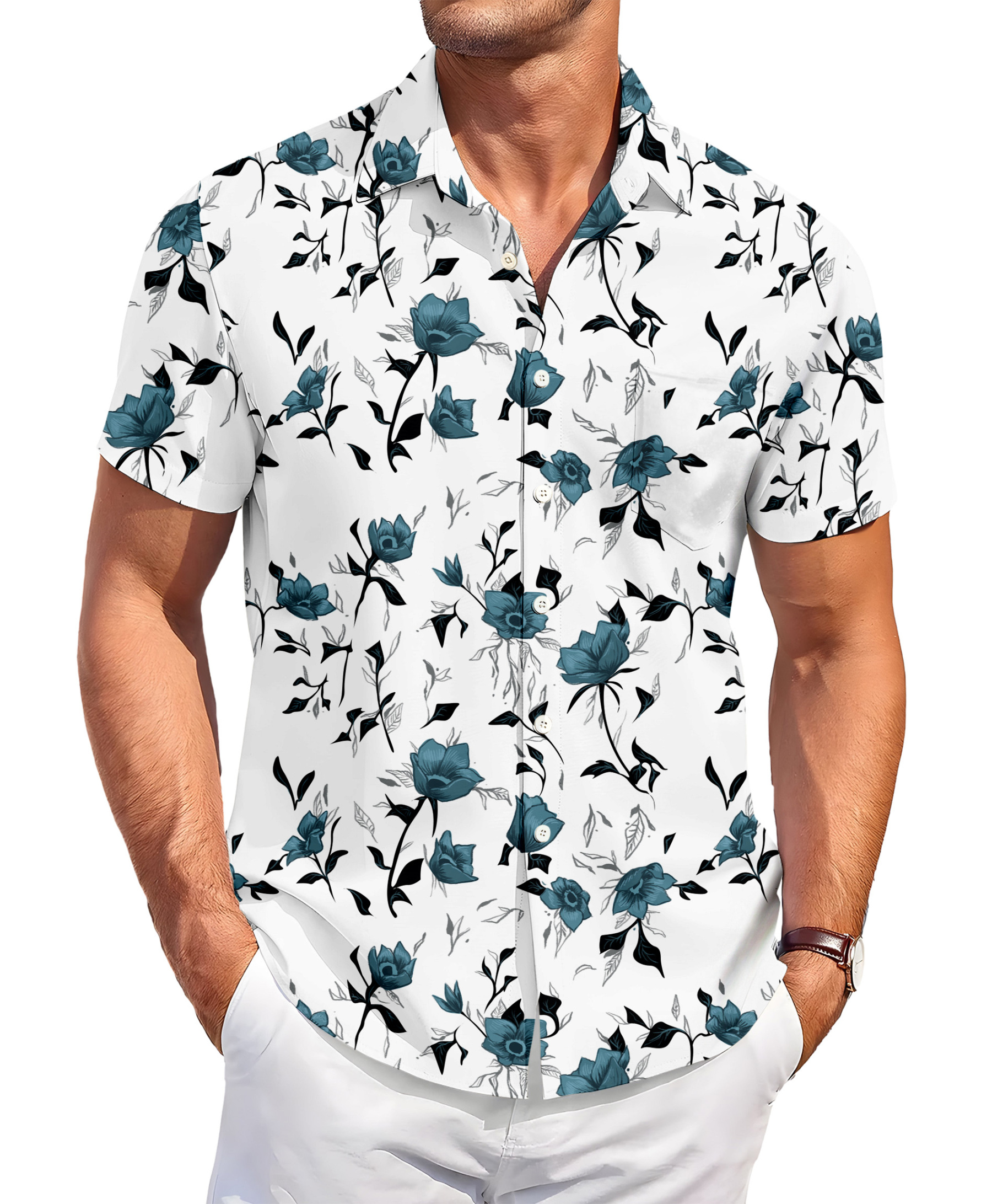 Men's Floral Hawaiian Shirt, Short Sleeve Button Down, White with Teal Roses Print