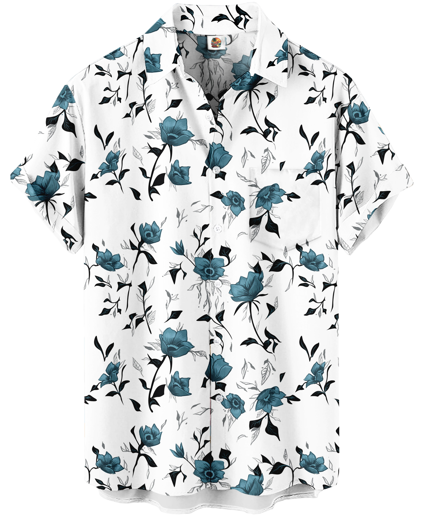 Men's Floral Hawaiian Shirt, Short Sleeve Button Down, White with Teal Roses Print
