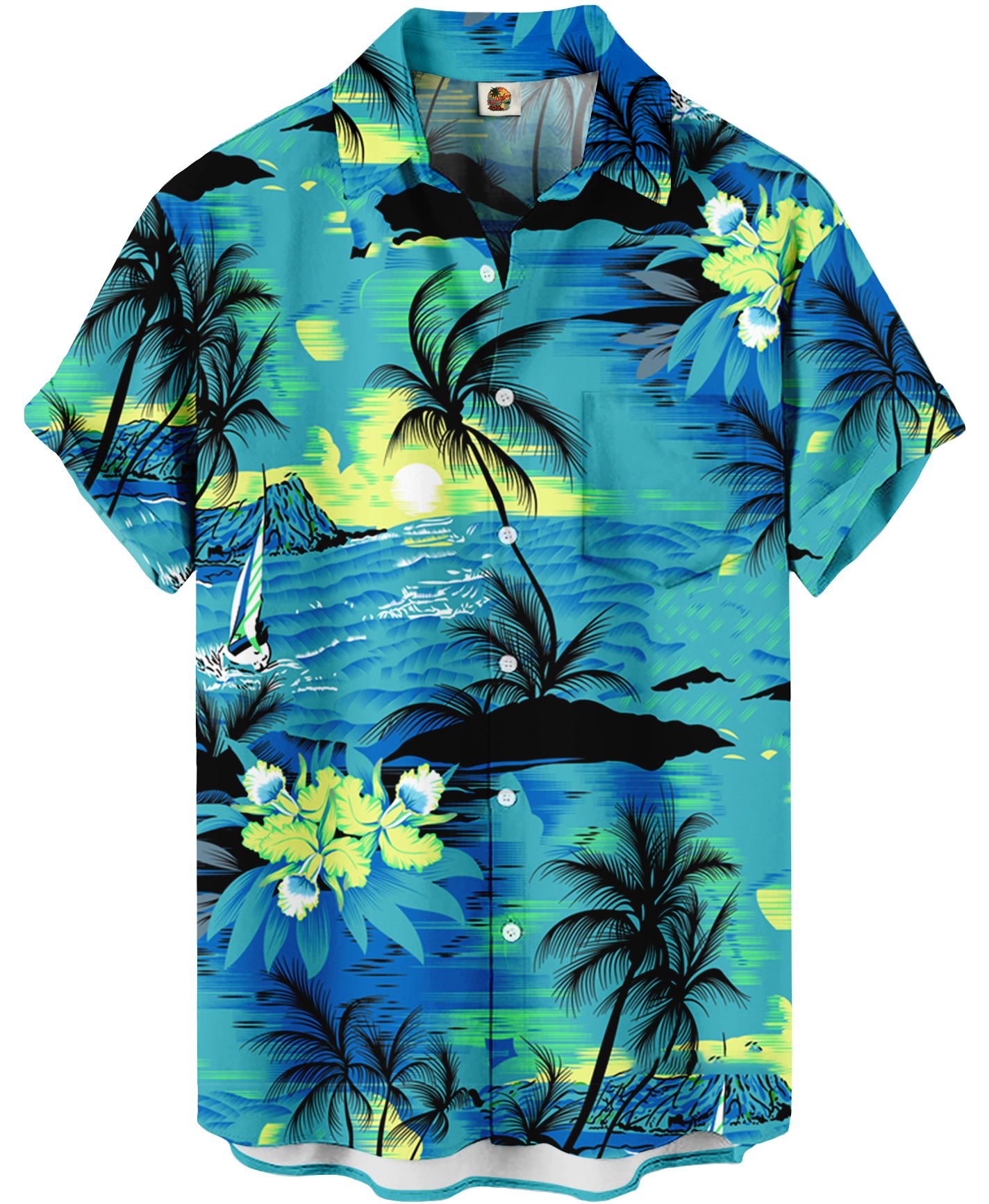 Men's Hawaiian Tropical Beach Print Button Down Shirt, Short Sleeve, Blue and Green Palm Trees
