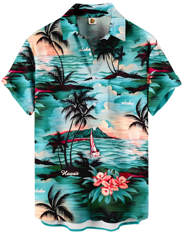 Men's Summer Hawaiian Aloha Shirt, Tropical Palm Beach Print, Short Sleeve Button Down, Turquoise Casual Bowling Shirt