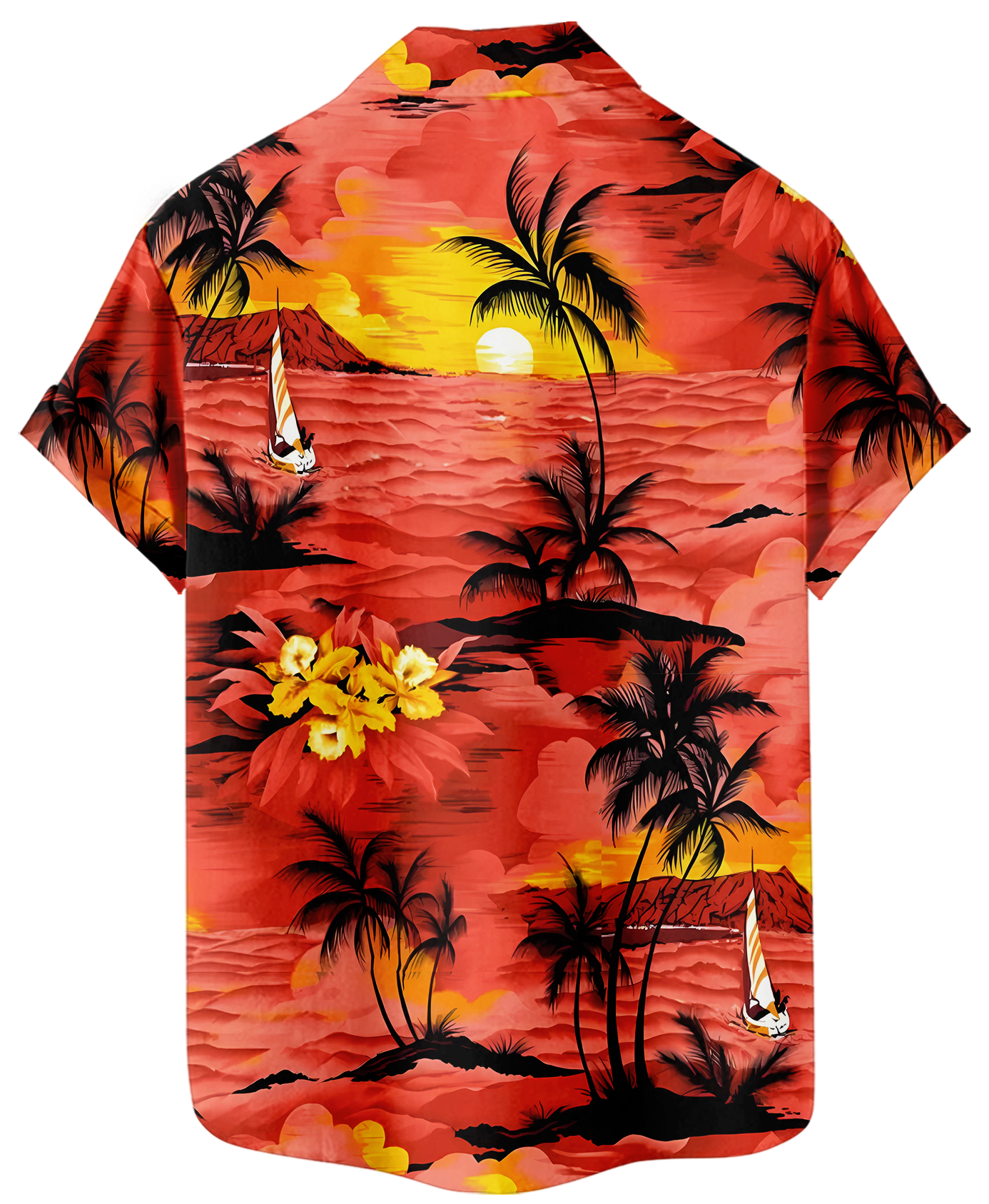 Men's Hawaiian Tropical Beach Print Shirt, Short Sleeve Button Down, Red Sunset Palm Design