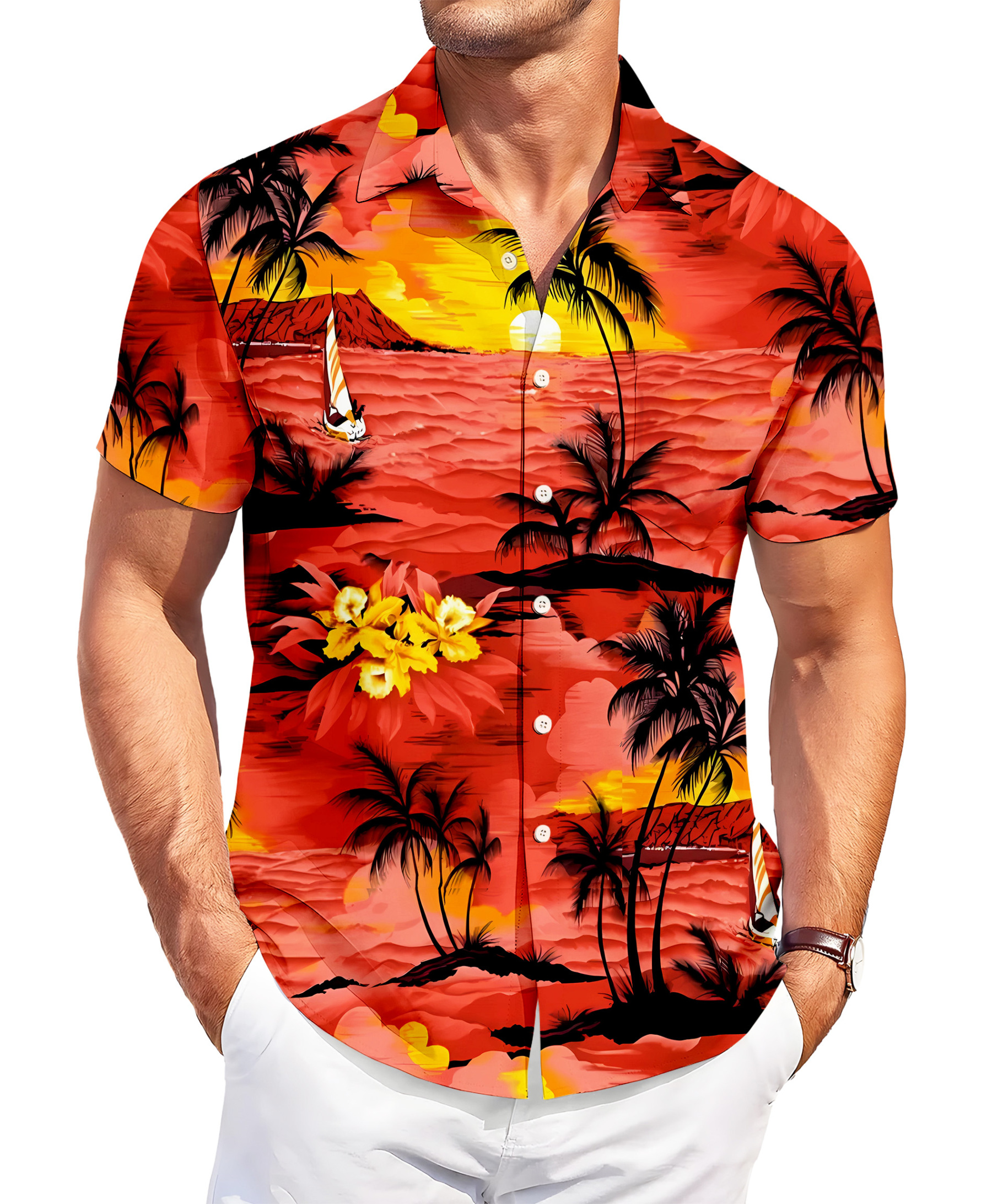 Men's Hawaiian Tropical Beach Print Shirt, Short Sleeve Button Down, Red Sunset Palm Design