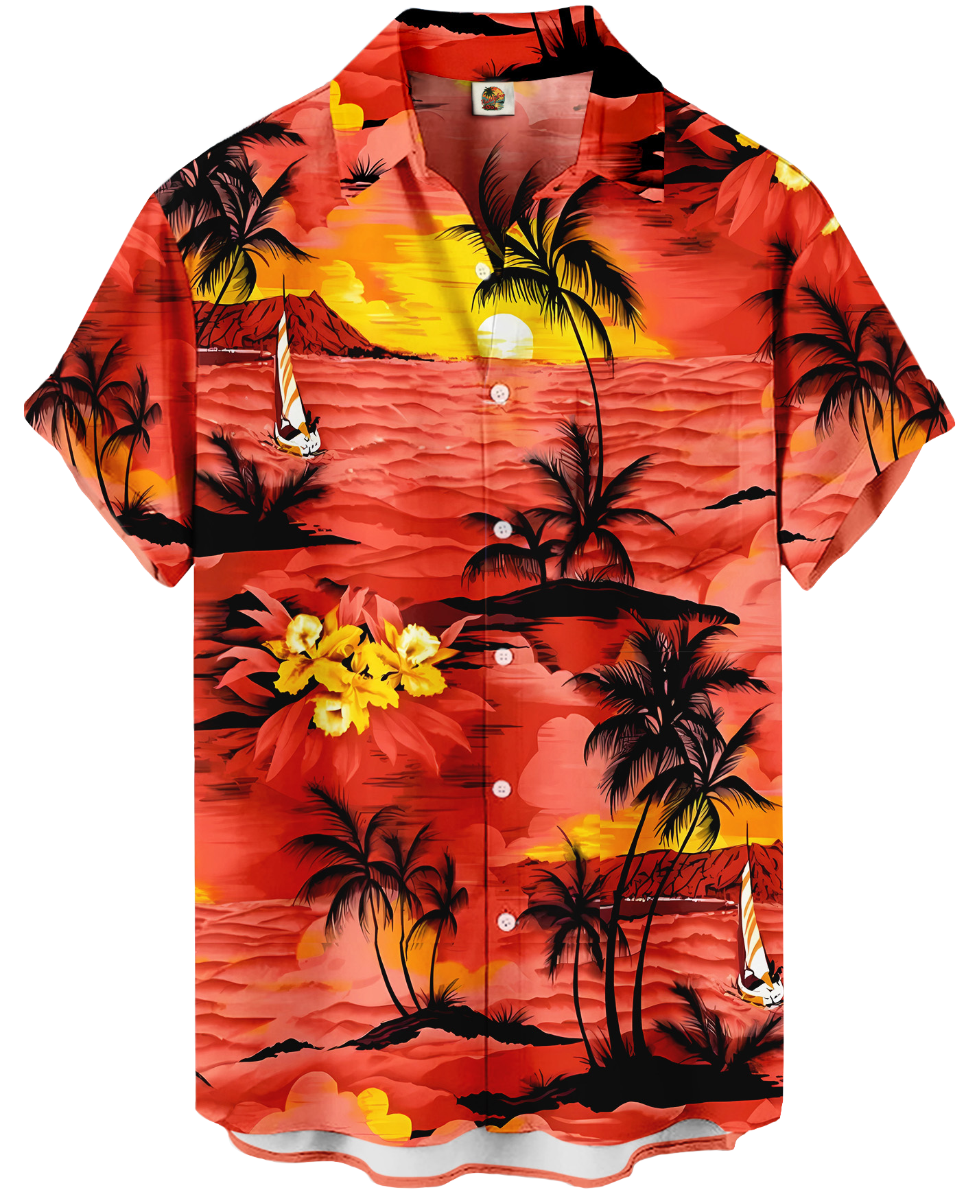 Men's Hawaiian Tropical Beach Print Shirt, Short Sleeve Button Down, Red Sunset Palm Design