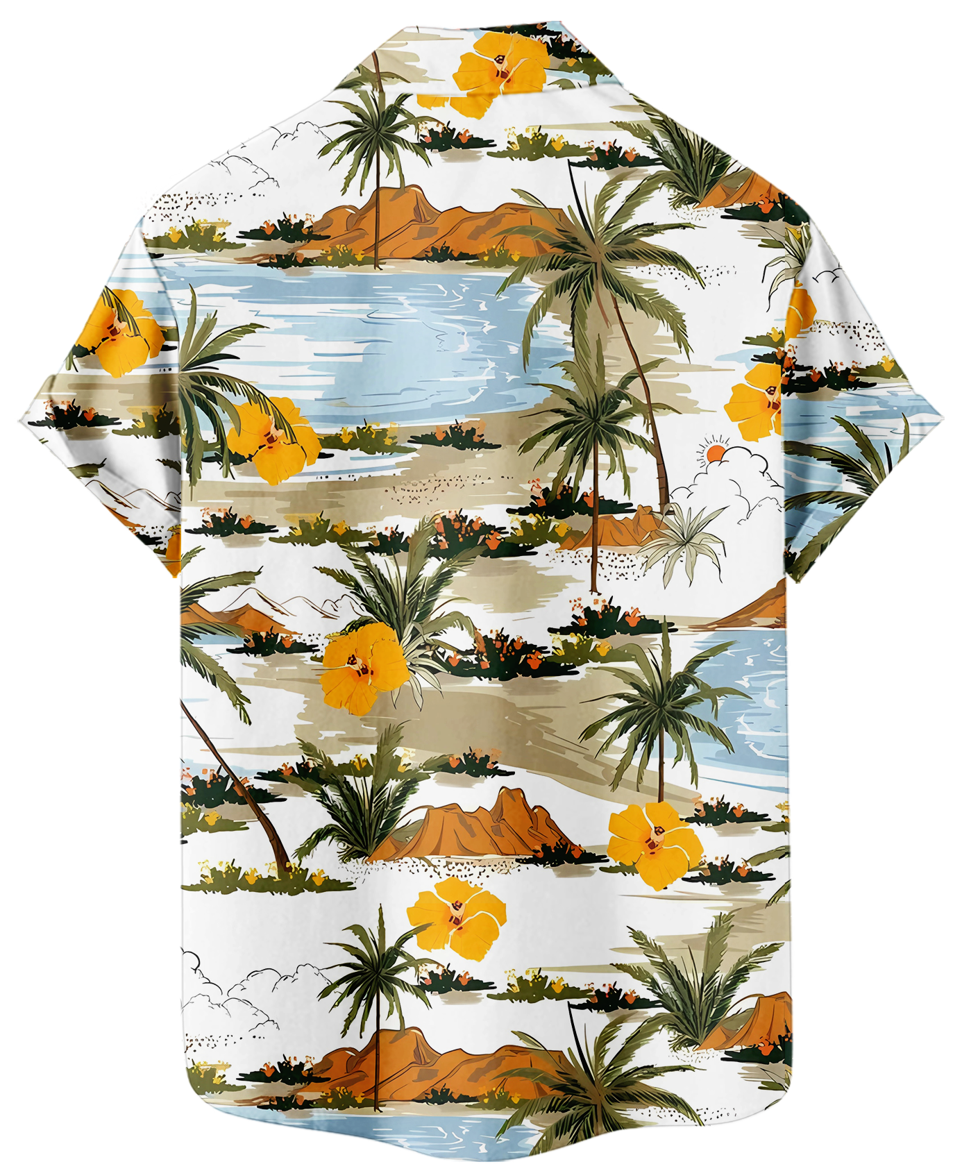 Men's Hawaiian Tropical Print Button Down Shirt, Short Sleeve, Palm Trees and Hibiscus Pattern, White