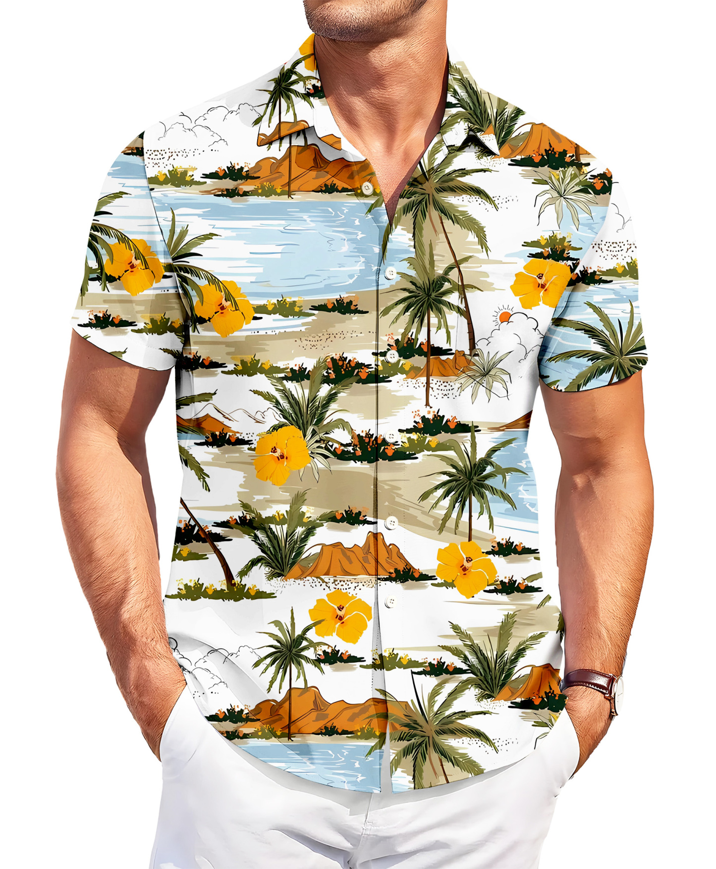 Men's Hawaiian Tropical Print Button Down Shirt, Short Sleeve, Palm Trees and Hibiscus Pattern, White