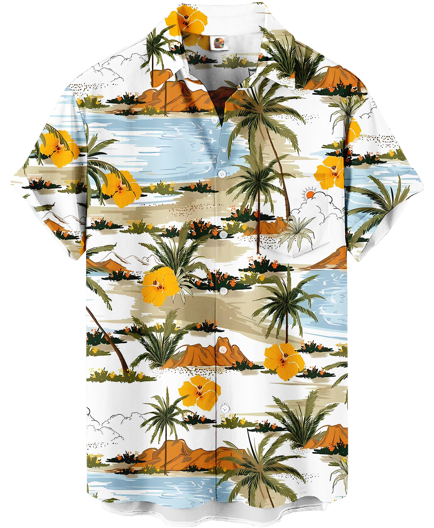 Men's Hawaiian Tropical Print Button Down Shirt, Short Sleeve, Palm Trees and Hibiscus Pattern, White