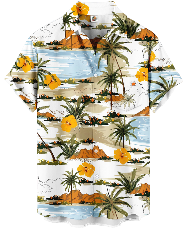 Men's Hawaiian Tropical Print Button Down Shirt, Short Sleeve, Palm Trees and Hibiscus Pattern, White