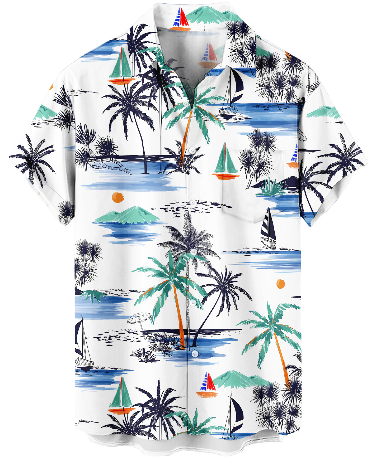 Men's Hawaiian Print Shirt, Short Sleeve Button Down, Tropical Palm Trees and Sailboats Pattern, White