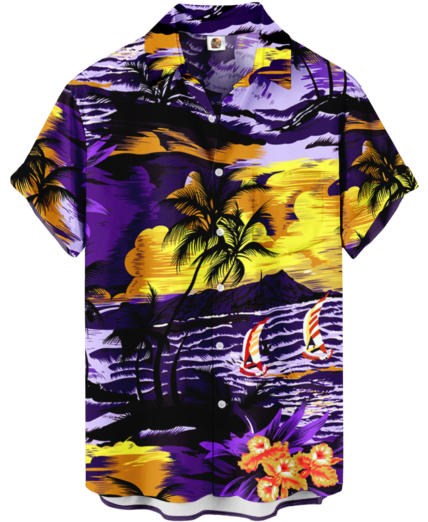 Men's Hawaiian Aloha Shirt, Short Sleeve Button Down, Tropical Palm Tree Print, Purple and Yellow