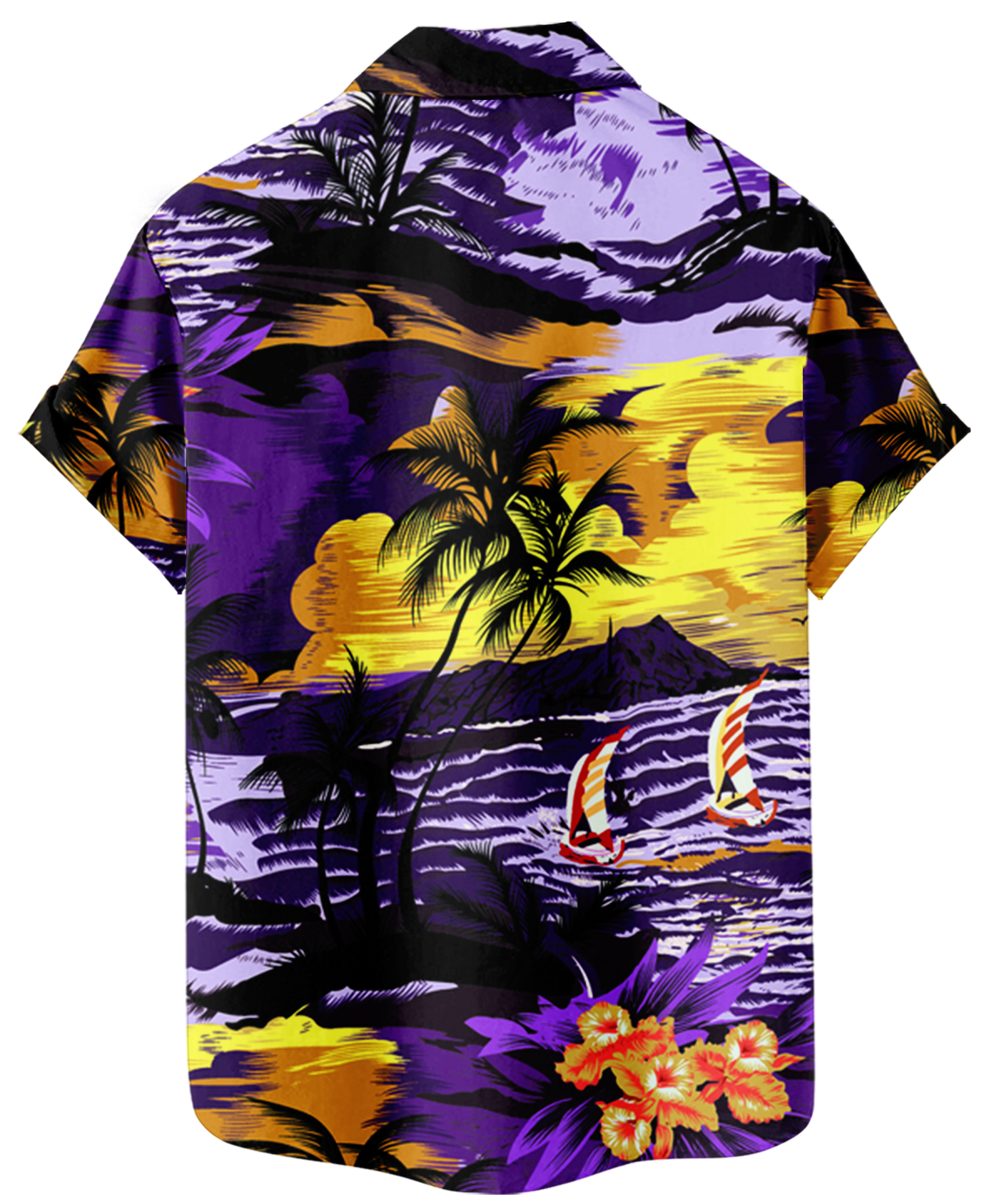 Men's Hawaiian Aloha Shirt, Short Sleeve Button Down, Tropical Palm Tree Print, Purple and Yellow