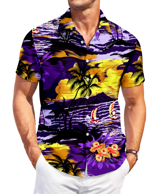 Men's Hawaiian Aloha Shirt, Short Sleeve Button Down, Tropical Palm Tree Print, Purple and Yellow