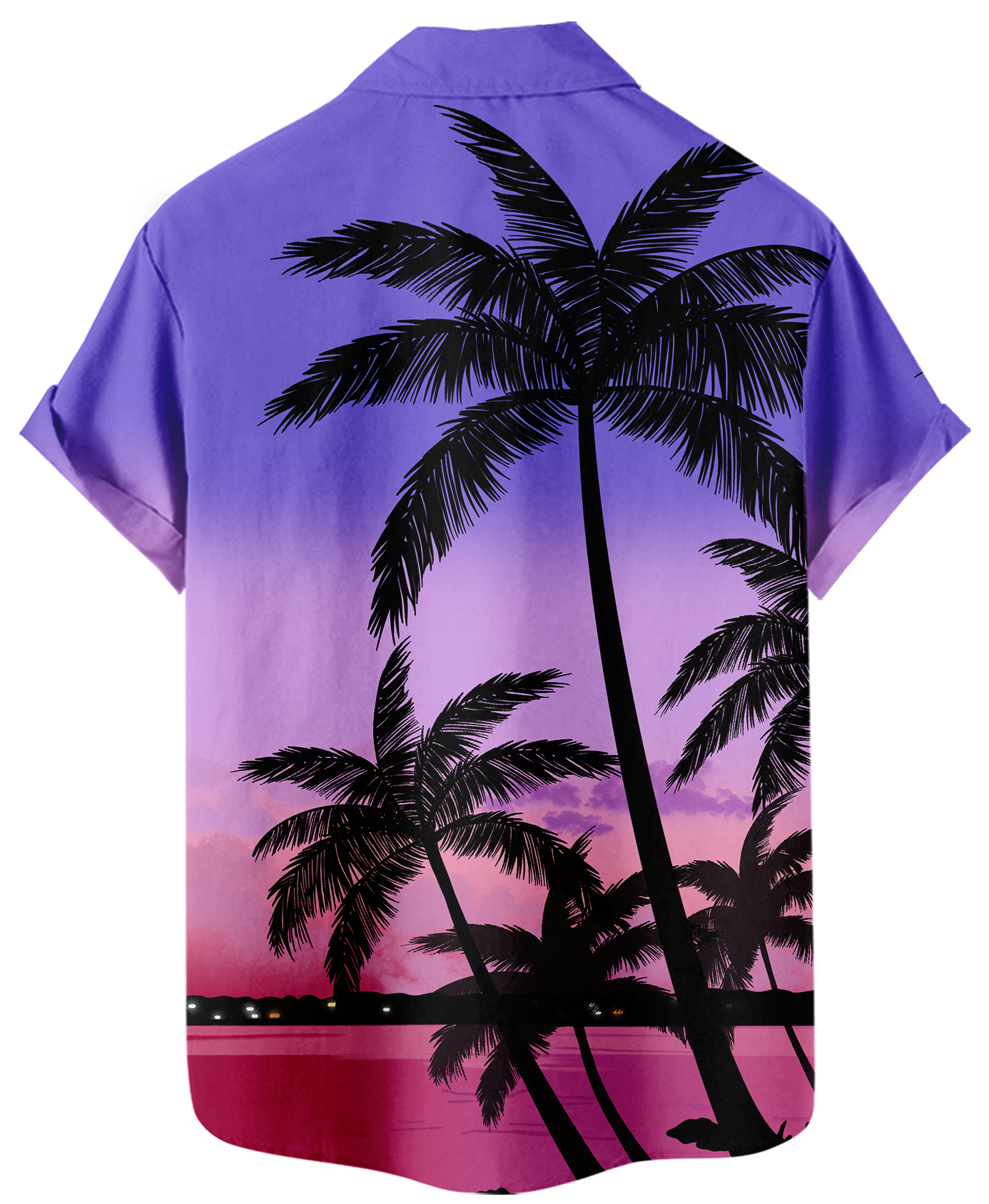 Men's Hawaiian Shirt, Palm Tree Print, Purple Sunset Gradient, Short Sleeve Button Down