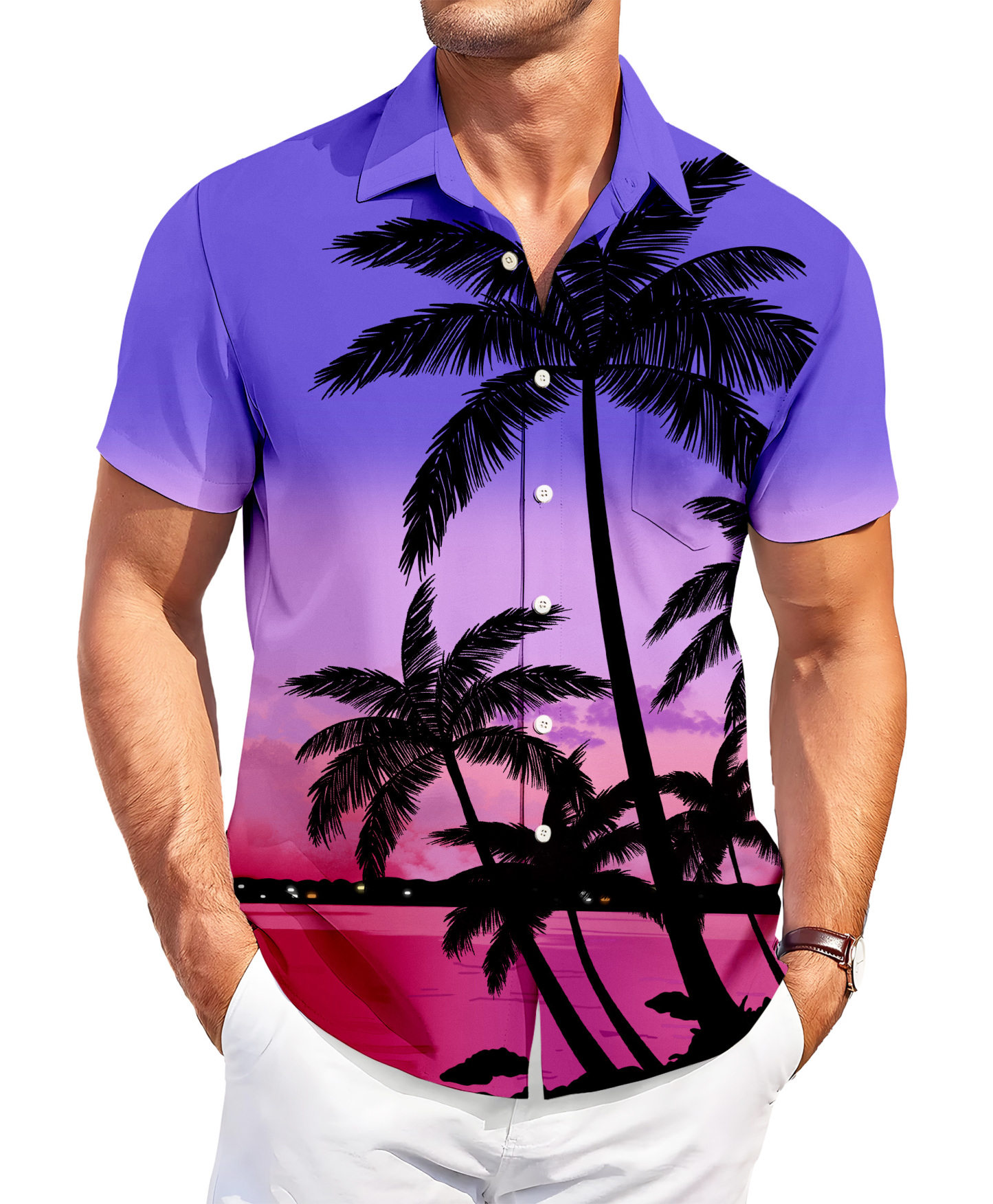 Men's Hawaiian Shirt, Palm Tree Print, Purple Sunset Gradient, Short Sleeve Button Down