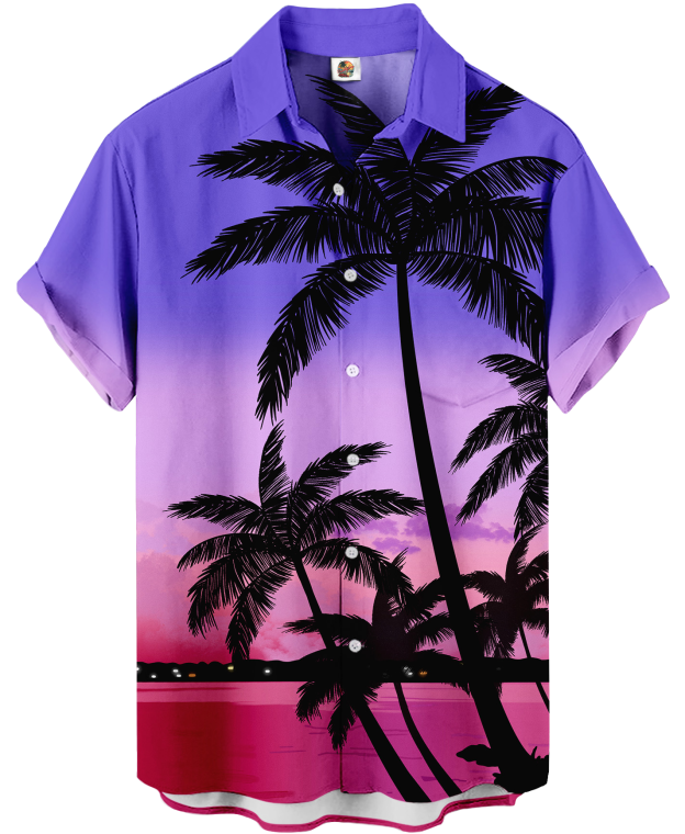 Men's Hawaiian Shirt, Palm Tree Print, Purple Sunset Gradient, Short Sleeve Button Down