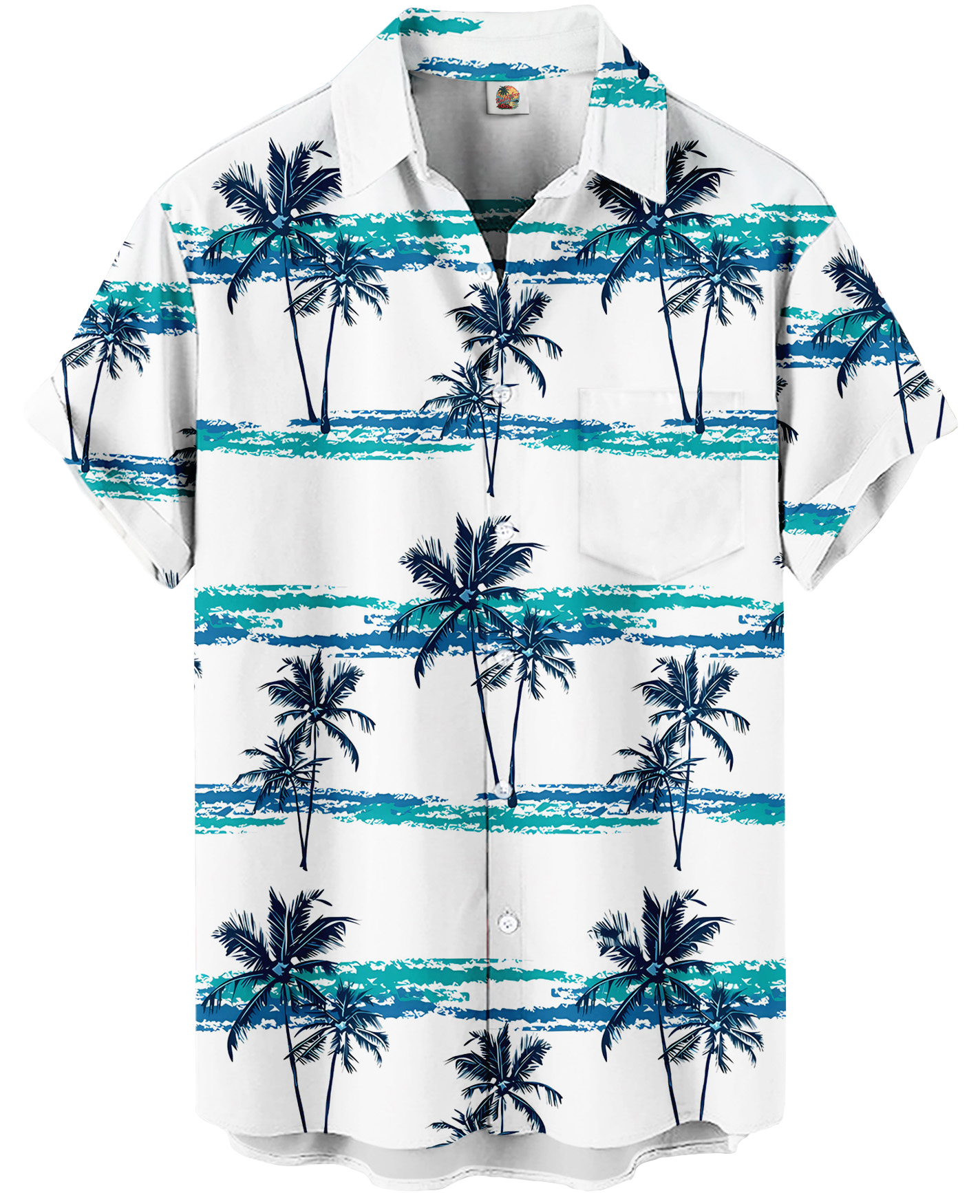 Men's Hawaiian Palm Tree Print Button Down Shirt, Short Sleeve, White with Turquoise Stripes