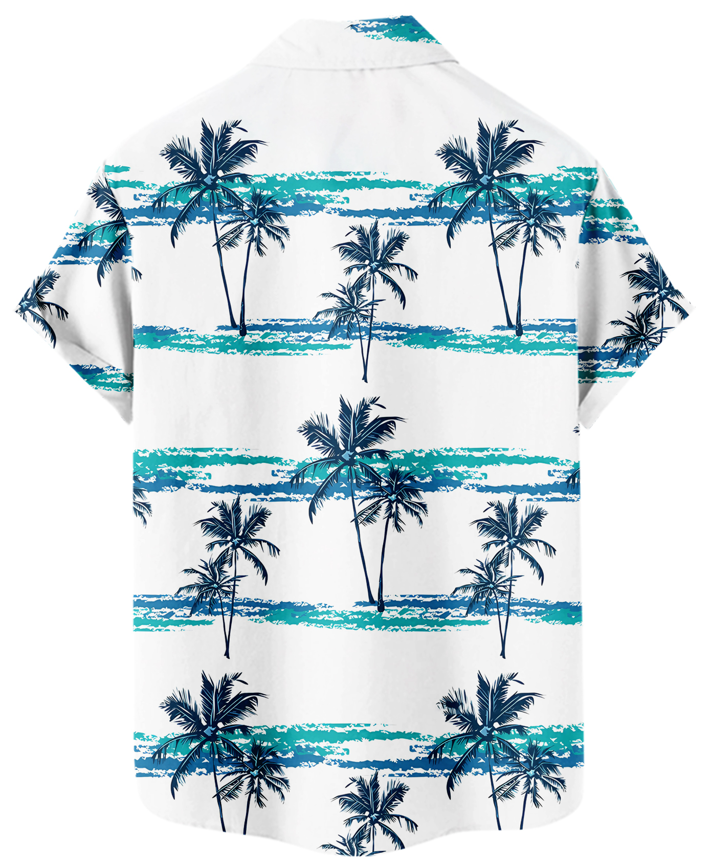 Men's Hawaiian Palm Tree Print Button Down Shirt, Short Sleeve, White with Turquoise Stripes