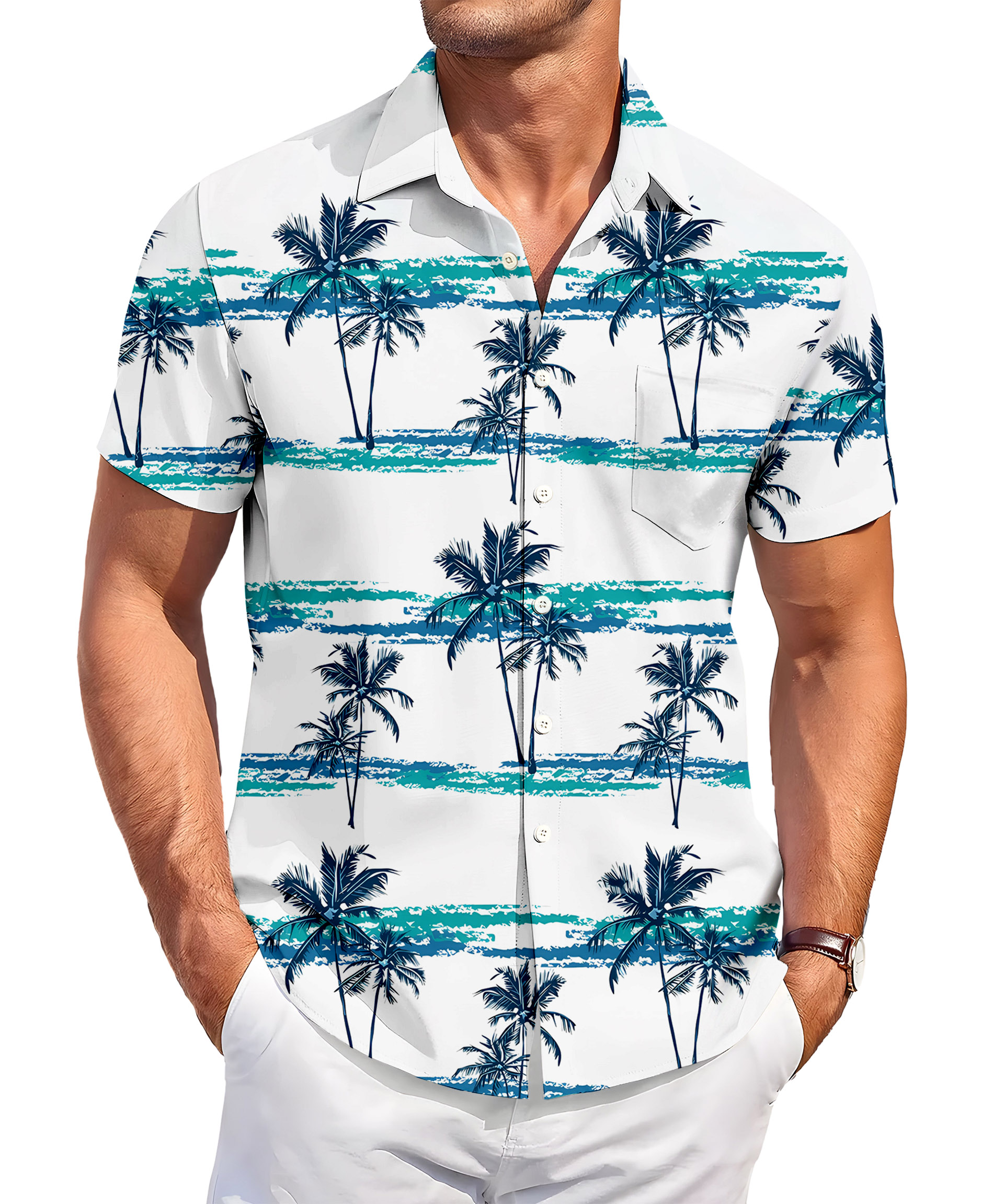 Men's Hawaiian Palm Tree Print Button Down Shirt, Short Sleeve, White with Turquoise Stripes