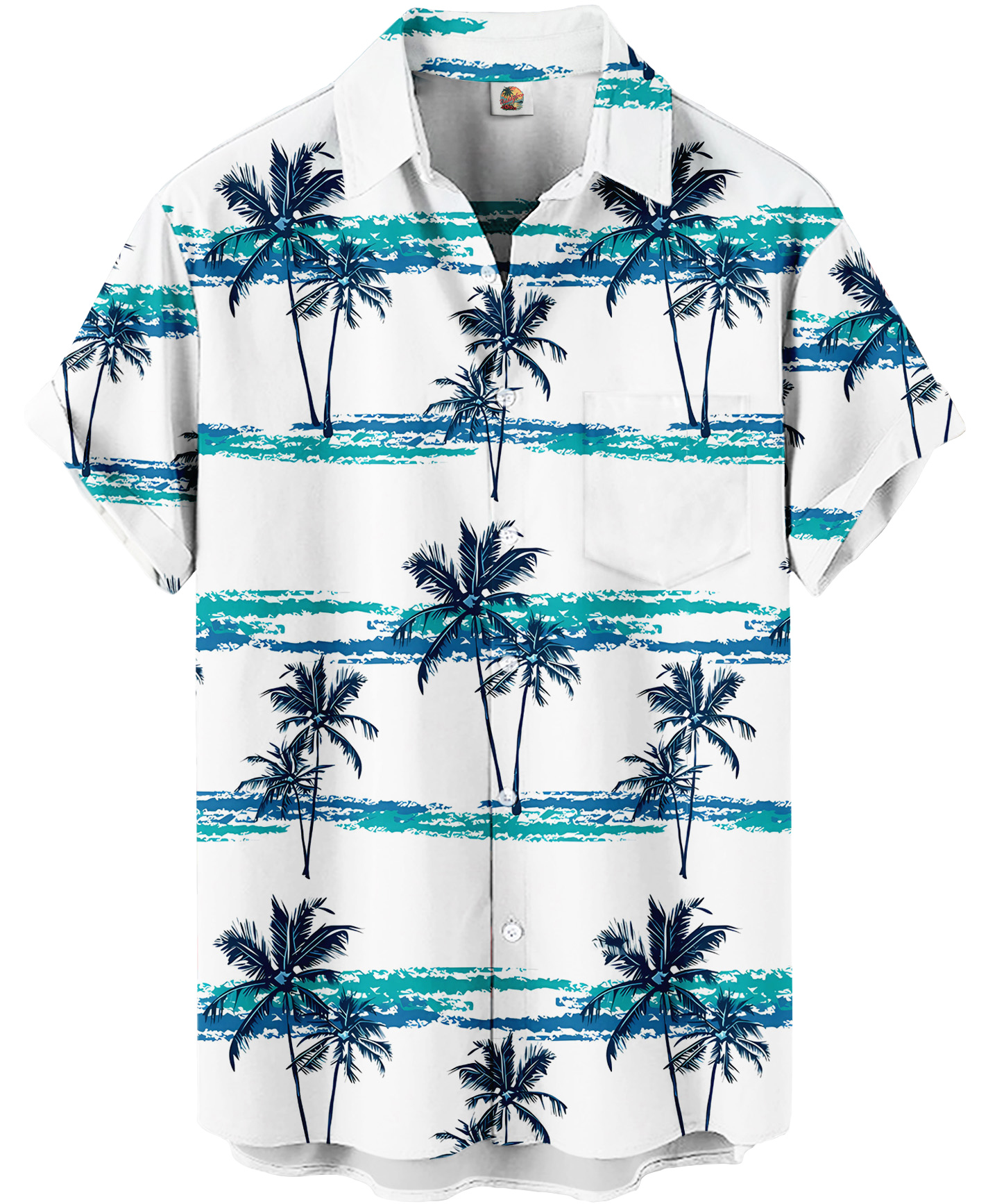 Men's Hawaiian Palm Tree Print Button Down Shirt, Short Sleeve, White with Turquoise Stripes