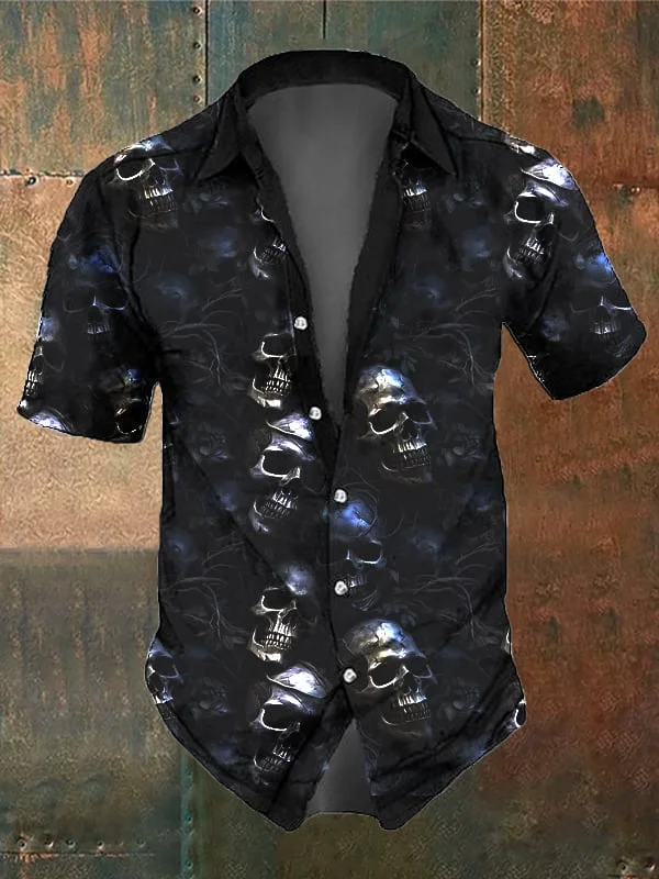 Men's Retro Dark Skull Casual Pocket Short Sleeve Shirt