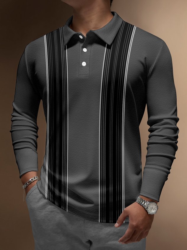 Hardaddy Geometric Striped Button Long Sleeve Polo