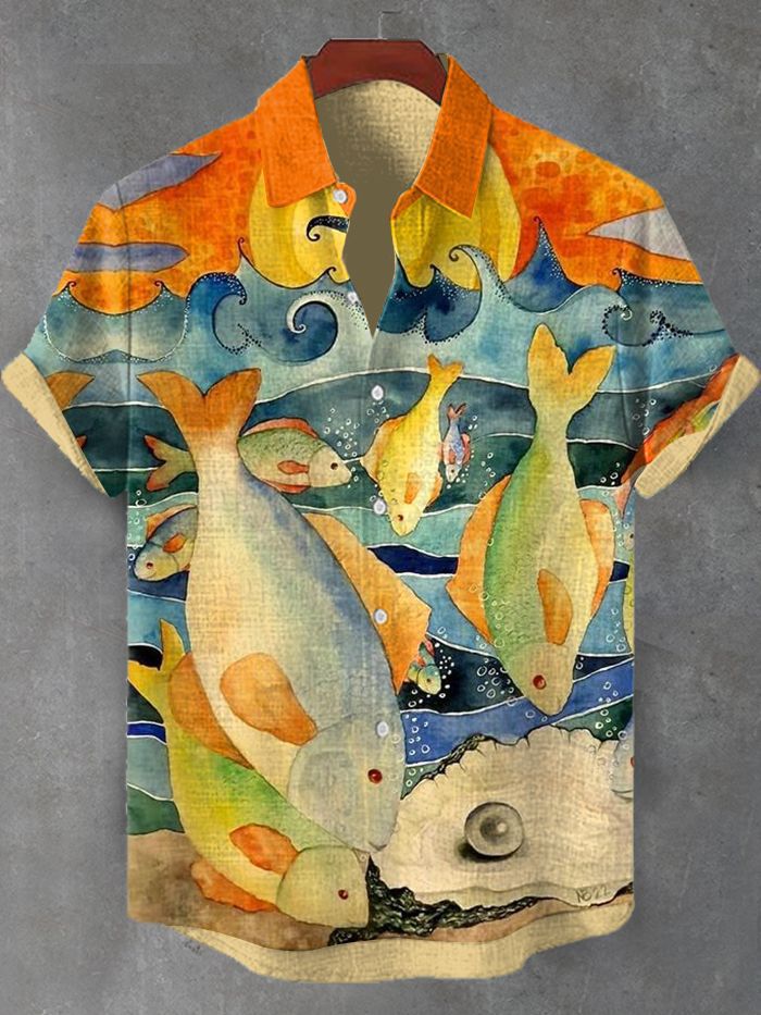 Men's Retro Fish Marine Life Hawaiian Short Sleeve Shirt