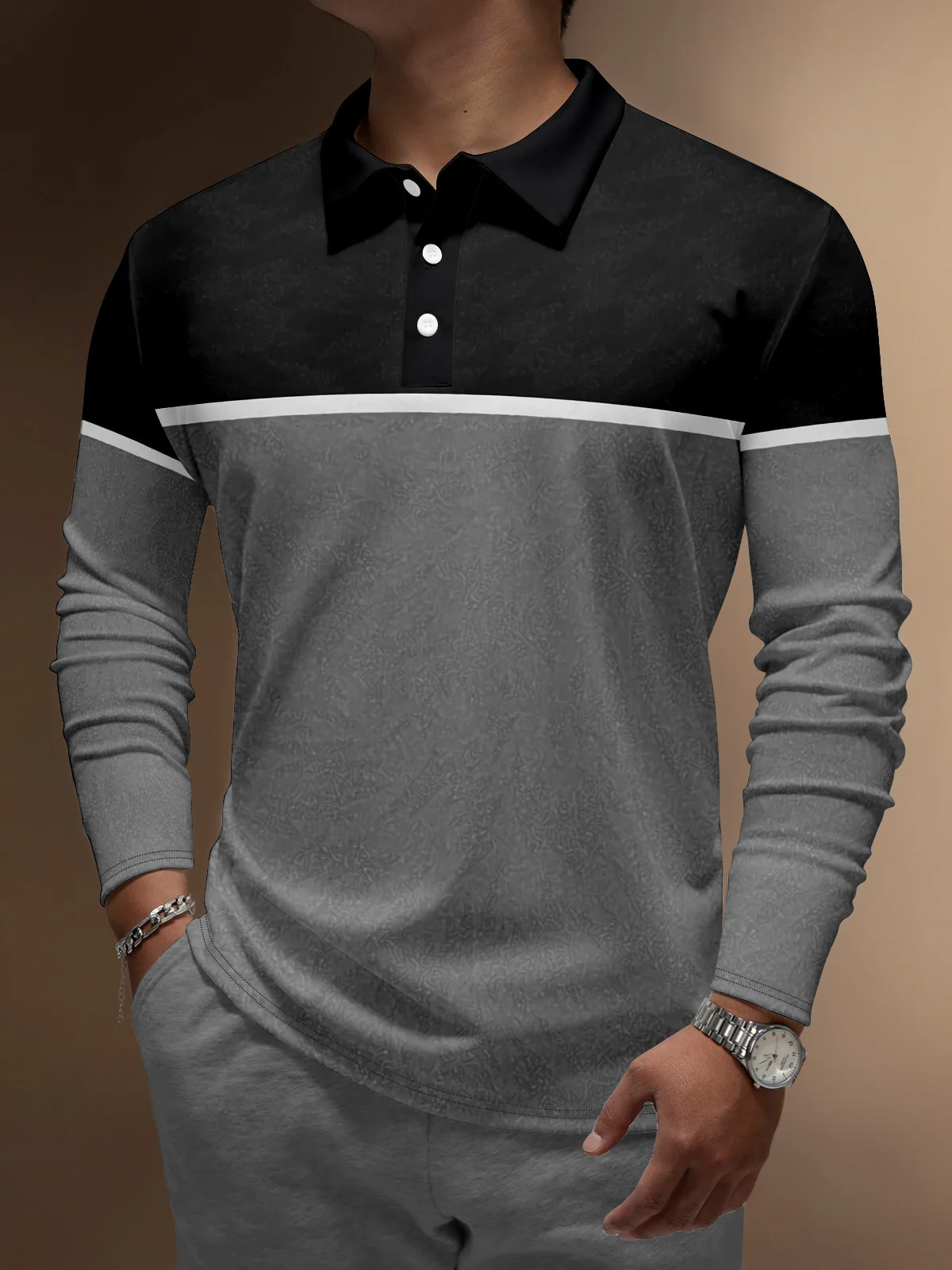 Men's Casual Long Sleeve Button-Down Polo Shirt
