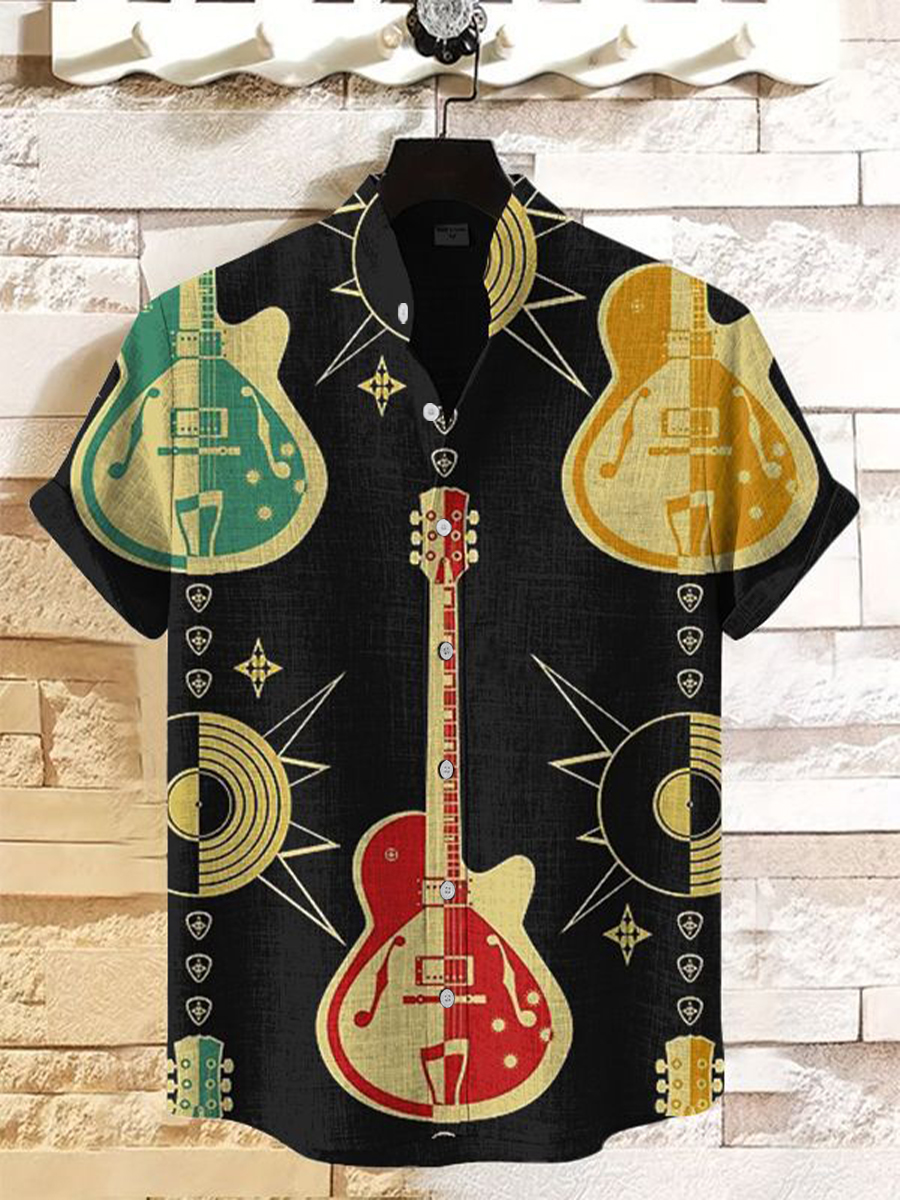 Men's Retro Guitar Music Casual Short Sleeve Shirt