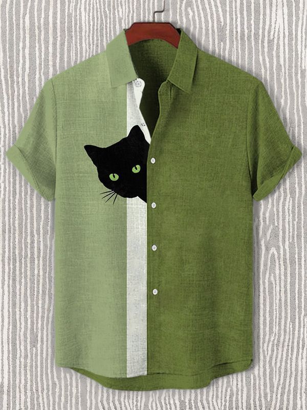 Men's Black Cat Playing Guitar Animal Graphic Art Print Shirt