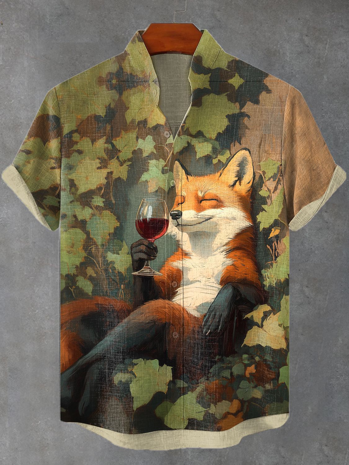 Men's Chilling Fox Forest Red Wine Oil Painting Print Shirt