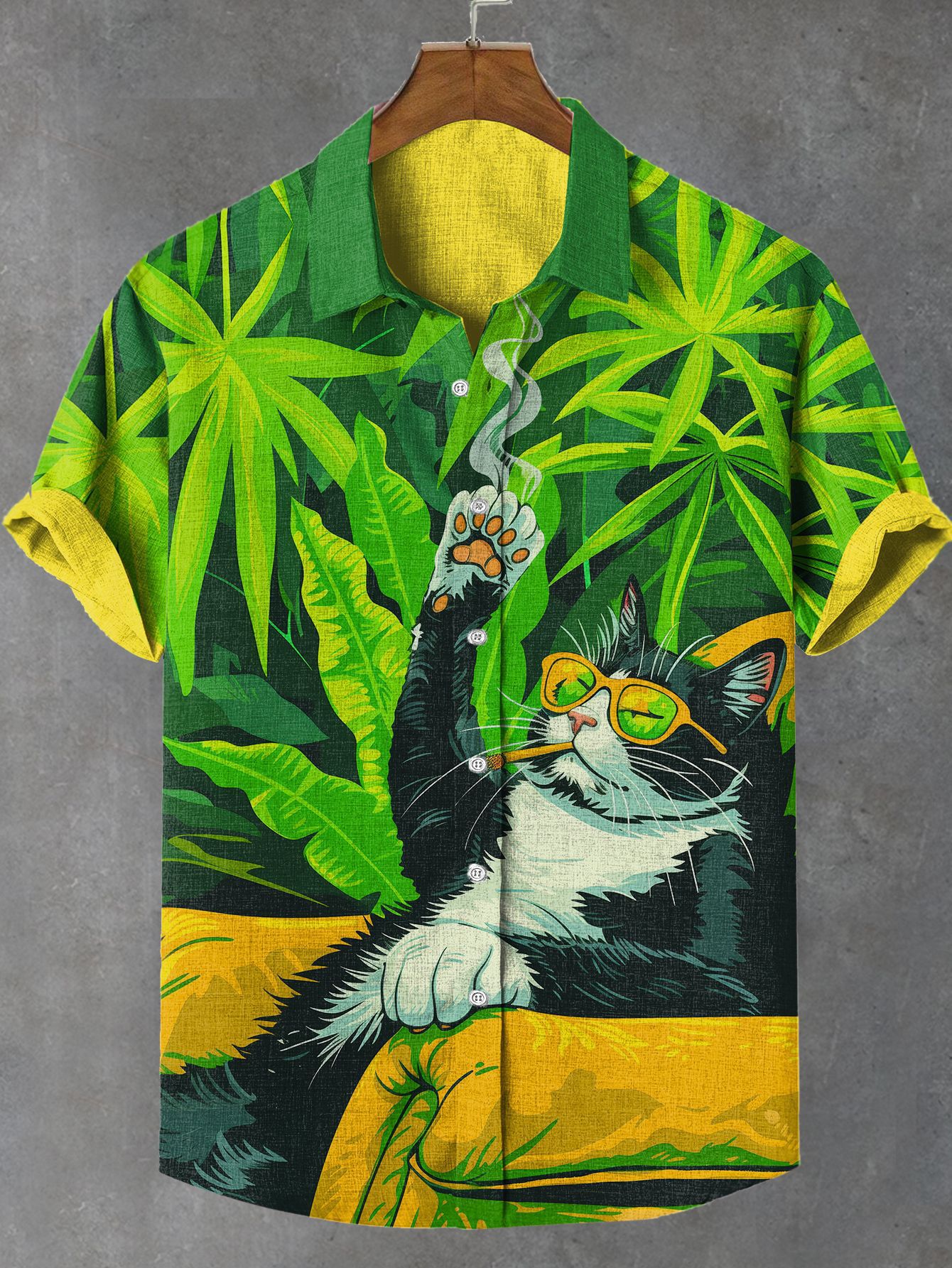 Men's Hawaiian Black Cat Animal Print Short Sleeve Shirt