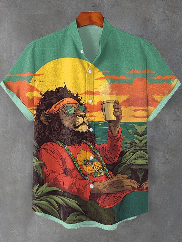 Men's Hippie Lion Animal Graphic Art Print Shirt