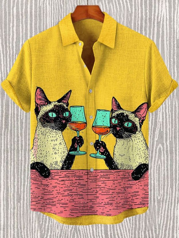 Men's Black Cat Playing Guitar Animal Graphic Art Print Shirt