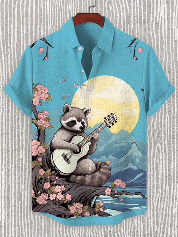 Men's Raccoon Playing Guitar Retro Short Sleeve Shirt