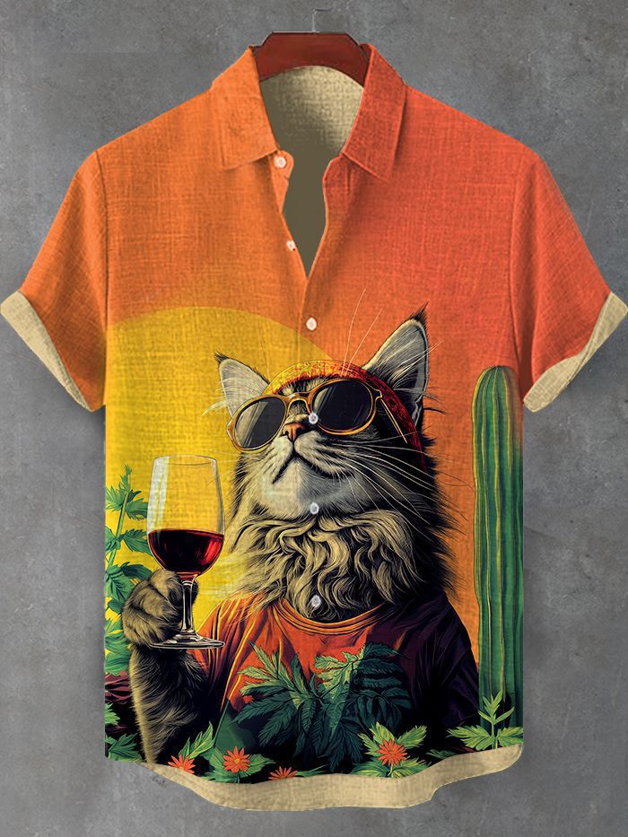 Men's Hawaiian Cat Animal Graphic Art Print Shirt