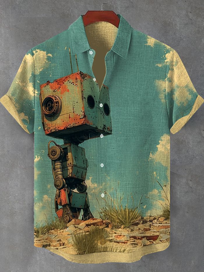 Men's Retro Space Robot Short Sleeve Shirt