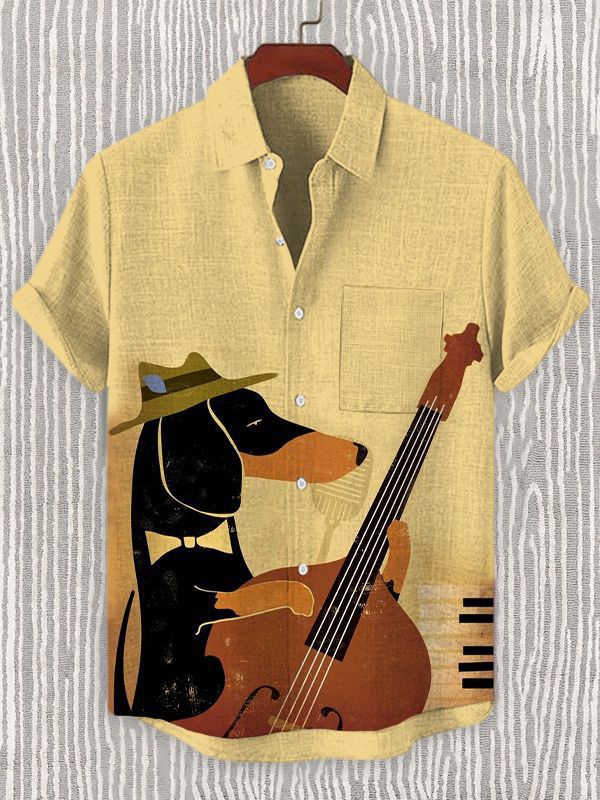 Men's Dachshund Playing Guitar Musical Design Short Sleeve Shirt